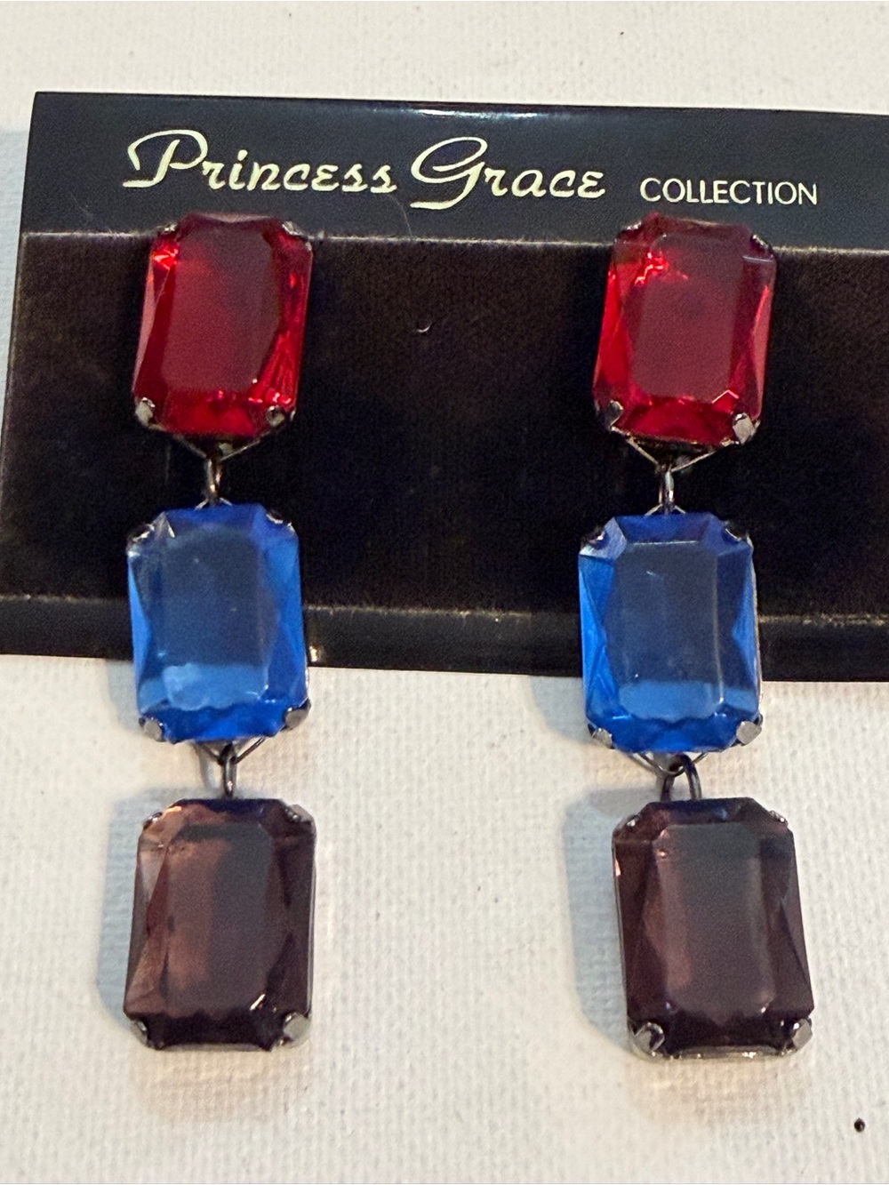 Vintage Princess Grace Collection Jewel Tone Triple Drop Gemstone Earrings